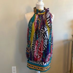 This beautiful colorful mini dress, 100% poly, w/black underlay, neckline bow.